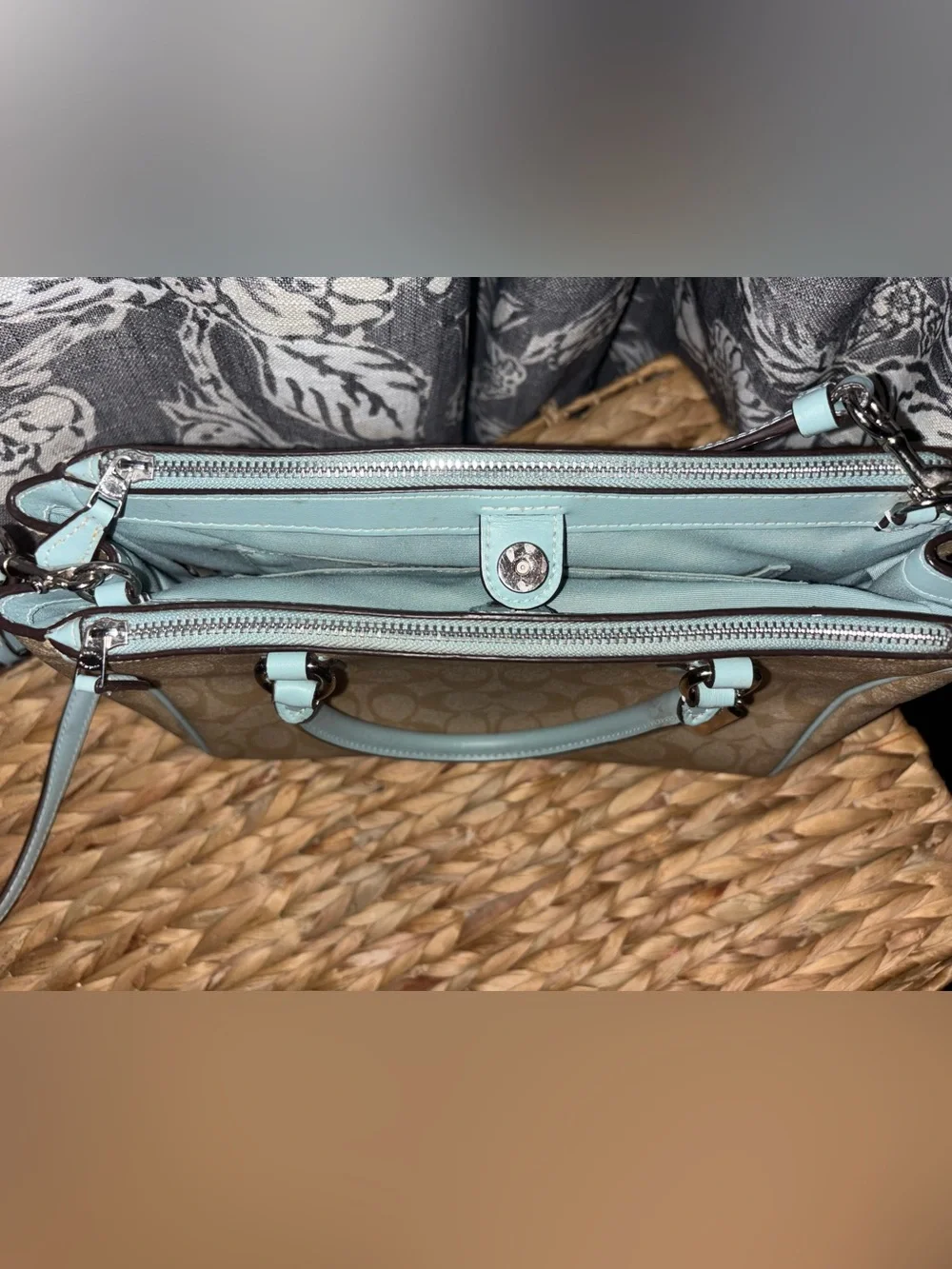 Coach Beige Signature Satchel with Light Blue Trim